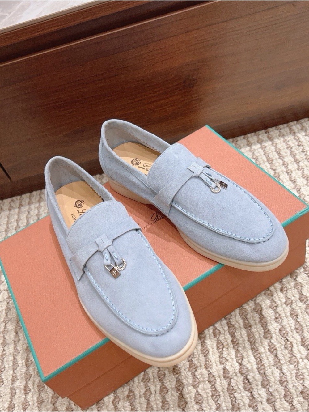 Loro Piana Light Blue Suede Men's Loafers with Metal Bit
